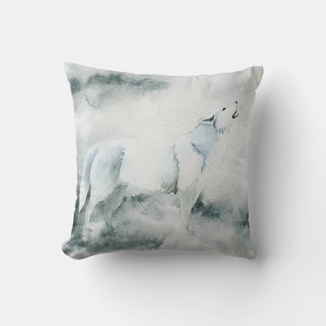 Winter White Wolf Howling Throw Pillow (Front)