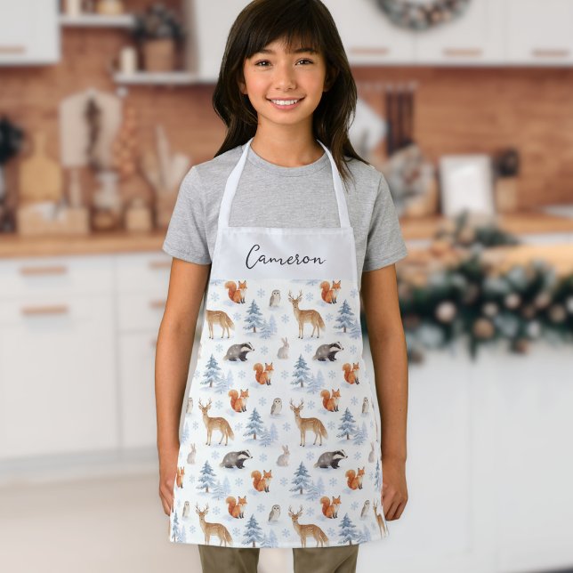 Winter Wildlife Animals Snow Custom Name Kids Apron (A personalized apron for kids, with pattern of winter forest animals, snowflakes and pine trees)