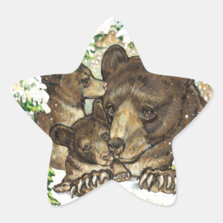 Winter Wildlife Art Black Bear Mother and Cubs Star Sticker