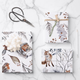 Winter Wildlife Birds Fox Leaves Botanical Wrapping Paper Sheet