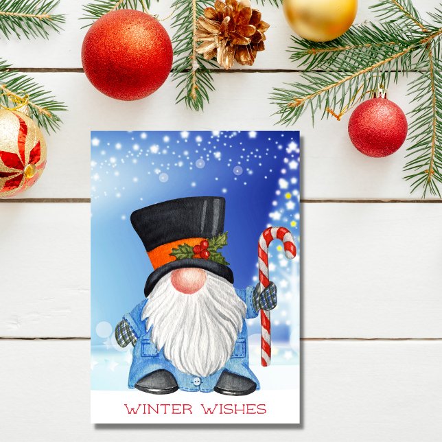 Winter Wishes Christmas Gnome Blue and White Holiday Card (Creator Uploaded)