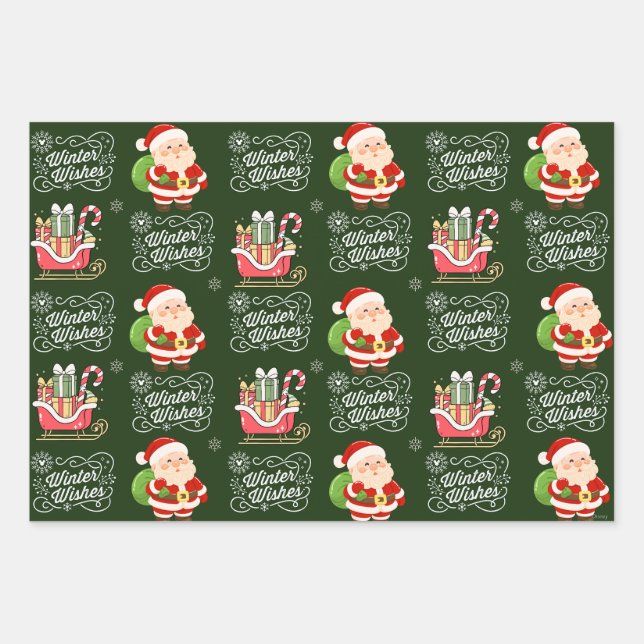 Winter Wishes Santa Wrapping Paper – Green  (Front)
