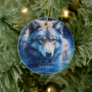Winter Wolf Personalised Name  Ceramic Tree Decoration