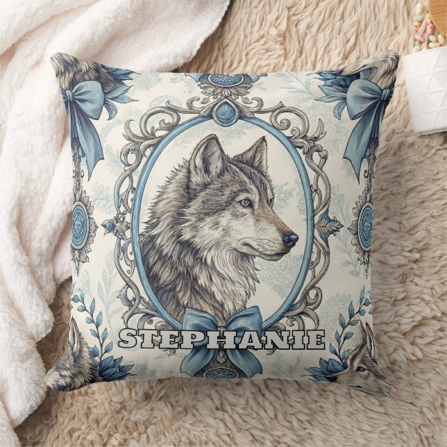 Winter Wolf Portrait in Ornate Blue & Grey Frame Cushion (Blanket)