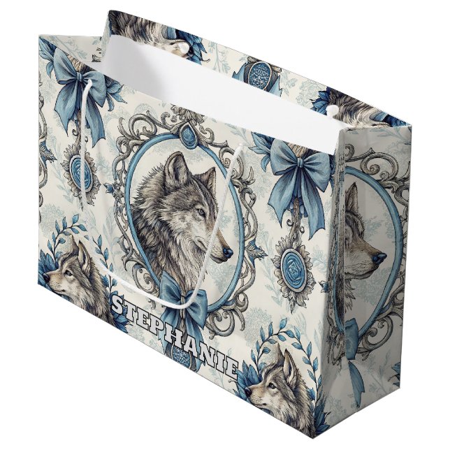 Winter Wolf Portrait in Ornate Blue & Grey Frame Large Gift Bag (Front Angled)