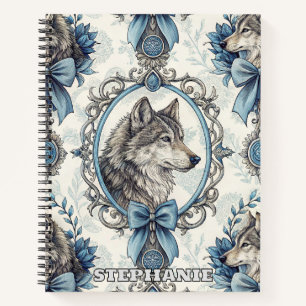 Winter Wolf Portrait in Ornate Blue & Grey Frame Notebook