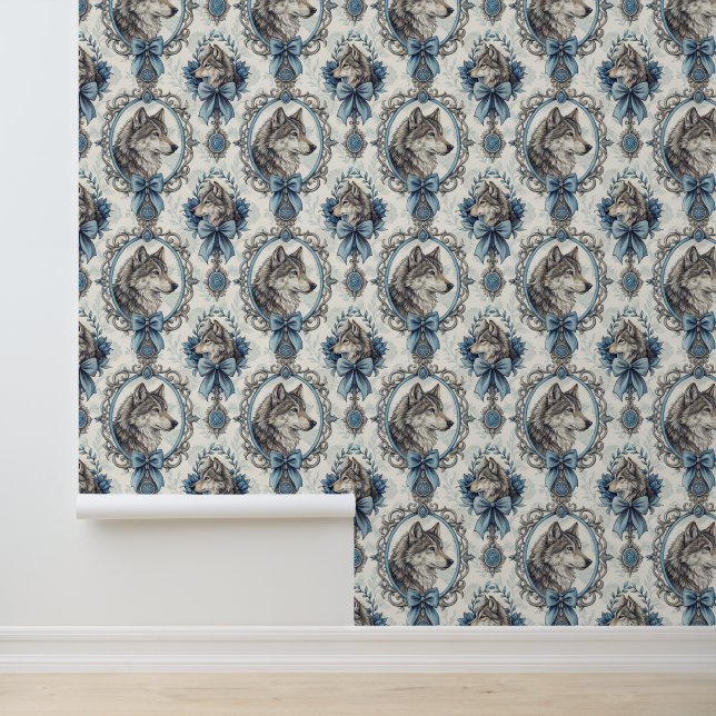 Winter Wolf Portrait in Ornate Blue & Grey Frame Wallpaper (Application)
