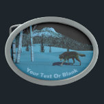 Winter Wolf - Tapetum Lucidum Belt Buckles<br><div class="desc">A wolf walking on hard-crusted snow at night; a tree-covered peak in the background. Moonlight reflects off snow and pale bark of birch trees. The wolf's eyes also glow with reflected moonlight. Add your own text. The reflective quality of many animals eyes is due to the tapetum lucidum (Latin: "bright...</div>