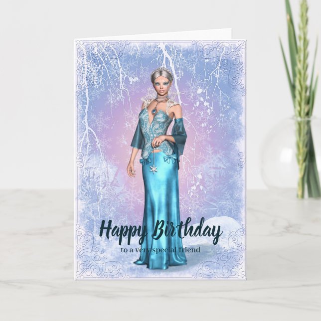 Winter Woman Fantasy Birthday Card (Front)