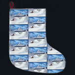 Winter Wonder Large Christmas Stocking<br><div class="desc">A stocking with a with a beatiful winter scene,  including,  snow-covered mountains,  cabin and evergreens. The background,  images and text can be personalized. Original artwork by W.B.</div>