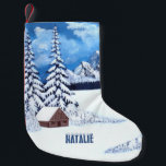 Winter Wonder Scene Small Christmas Stocking<br><div class="desc">A christmas stocking with a beautiful winter scene including snowy mountains,  rustic cabin and snow covered evergreens.  The image and text can be personalised. You also have the option to delete the text. Original artwork by W.B.</div>