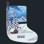 Winter Wonder Scene Small Christmas Stocking<br><div class="desc">A christmas stocking with a beautiful winter scene including snowy mountains,  rustic cabin and snow covered evergreens.  The image and text can be personalised. You also have the option to delete the text. Original artwork by W.B.</div>