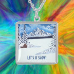 Winter Wonder Sterling Silver Necklace<br><div class="desc">An necklace with a beautiful winter scene including snowy mountains,  rustic cabin and snow covered evergreens.  The image,  text and background can be personalised. You also have the option to delete the text. Original artwork by W.B.</div>