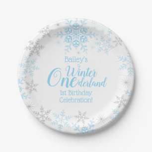 Winter Wonderland 1st Birthday Blue Snowflakes Paper Plate