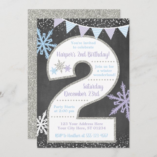 Winter Wonderland 2nd Birthday Invitation (Front/Back)