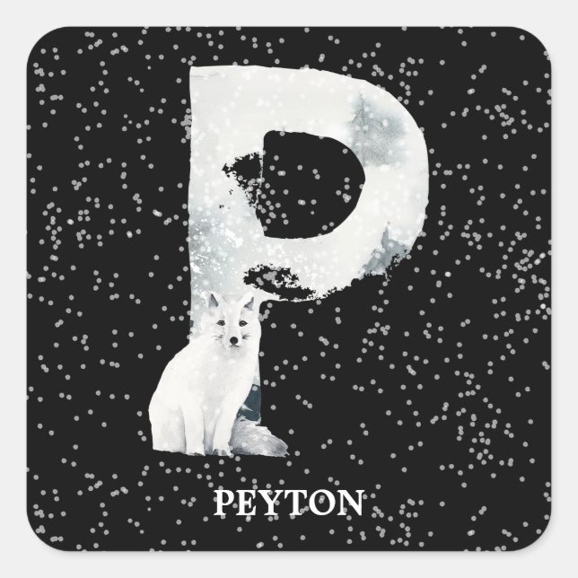 Winter Wonderland Alphabet P Monogram | Snow Wolf Square Sticker (Front)