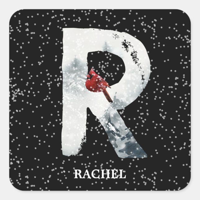 Winter Wonderland Alphabet R Monogram | Red Bird Square Sticker (Front)