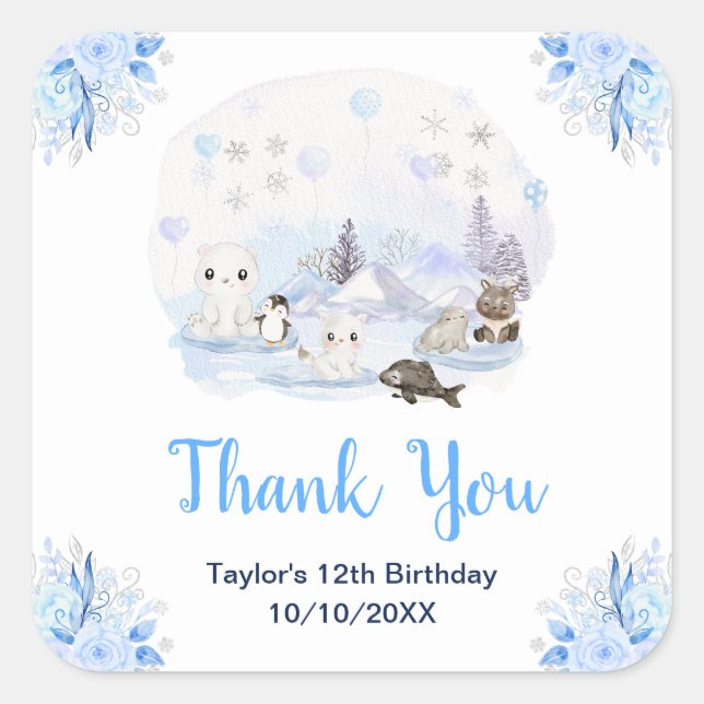 Winter Wonderland Animals Birthday Party Thank You Square Sticker (Front)