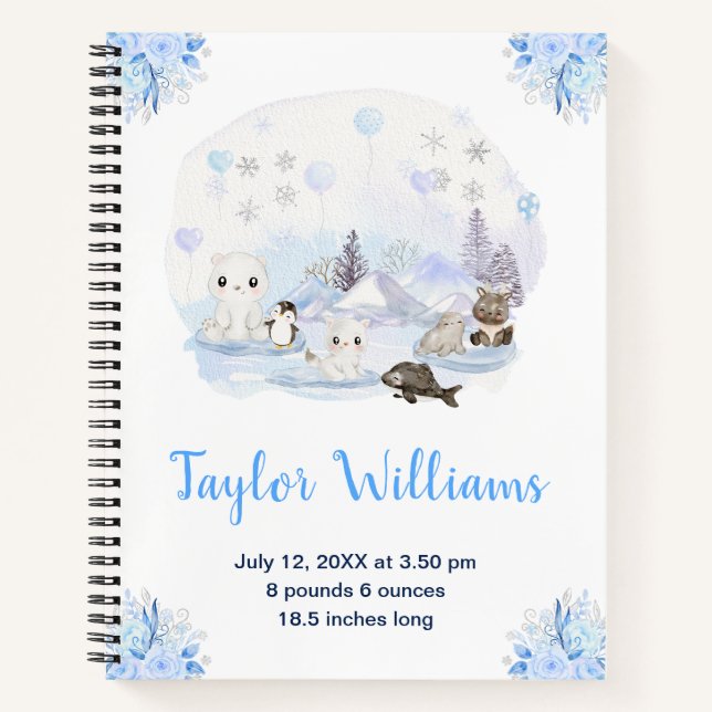 Winter Wonderland Arctic Animals Birth Statistics Notebook (Front)