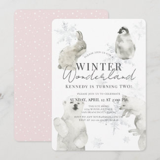 Winter Wonderland Arctic Animals Girl Birthday Invitation