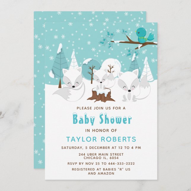 Winter Wonderland Arctic Fox Baby Shower Invitation (Front/Back)
