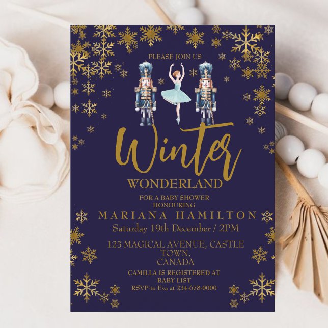 Winter Wonderland Baby Boy Shower Gold Snowflakes Invitation (Creator Uploaded)