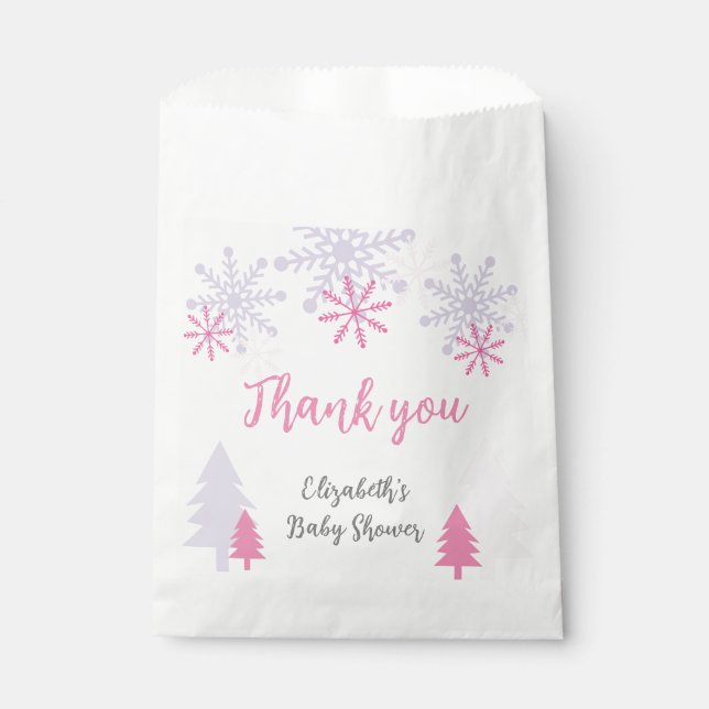 Winter Wonderland Baby Shower Pink Snowflakes Favour Bags (Front)