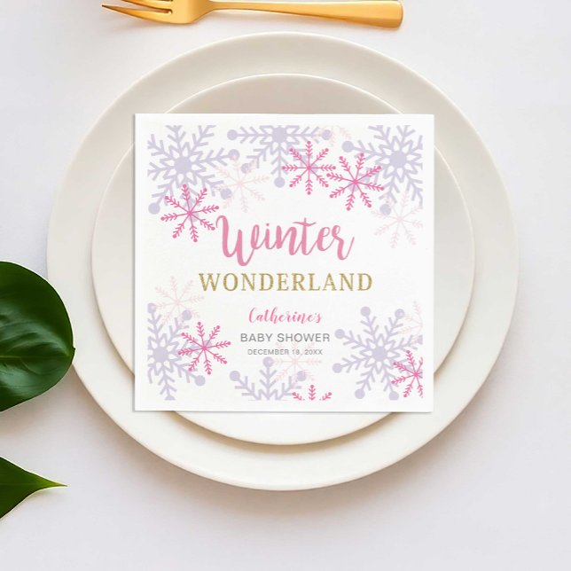 Winter Wonderland Baby Shower Snowflakes Pink Napkin (Creator Uploaded)