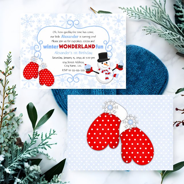 Winter Wonderland Birthday Invitation (Winter wonderland birthday party invitation, in blue and red, front and back view.)