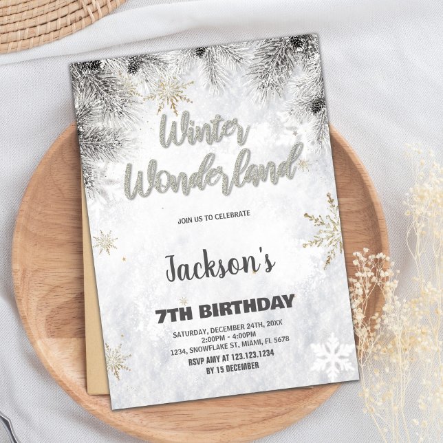 Winter Wonderland Birthday Invitations Pine Silver (Winter Wonderland Birthday Invitations Pine Silver)