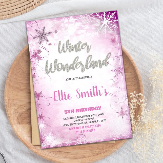 Winter Wonderland Birthday Invitations Pink Silver (Winter ONEderland Birthday Invitations Pink Silver)