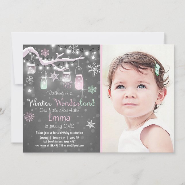 Winter Wonderland birthday invite Mint pink Lights (Front)