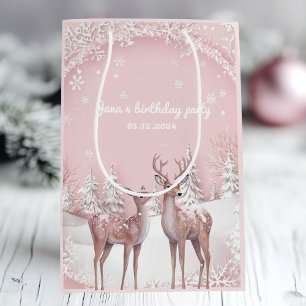 Winter Wonderland Birthday   Pink and Deer Medium Gift Bag
