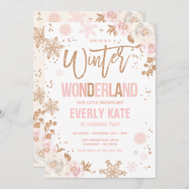 Winter Wonderland Birthday Rose Gold And Pink Invitation (Front/Back)