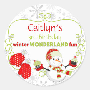 Winter Wonderland Birthday Snowman Mittens Classic Round Sticker