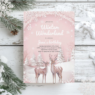 Winter Wonderland Birthday   Soft Pink & Deer Invitation