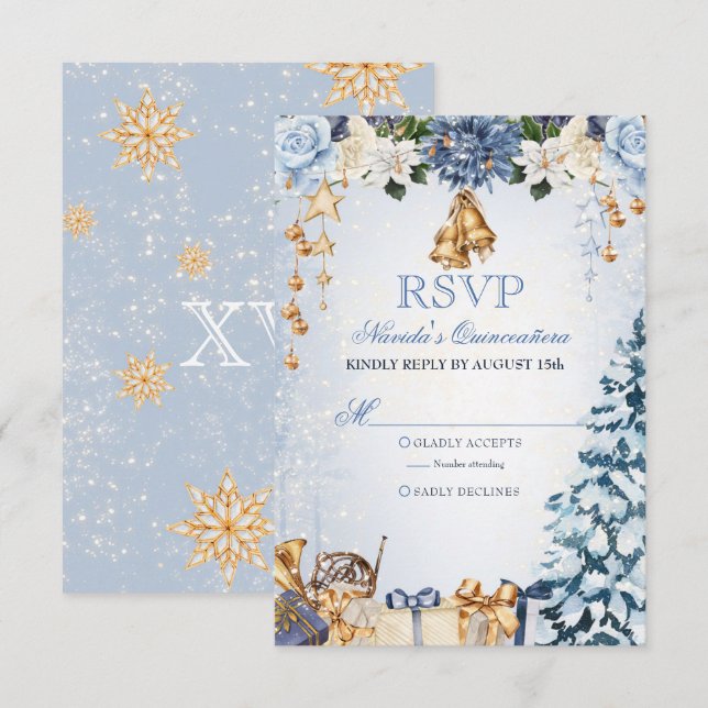 Winter Wonderland Blue and Gold Quinceanera RSVP Card (Front/Back)