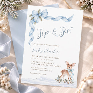 Winter Wonderland Blue Bow Baby Boy Sip And See Invitation