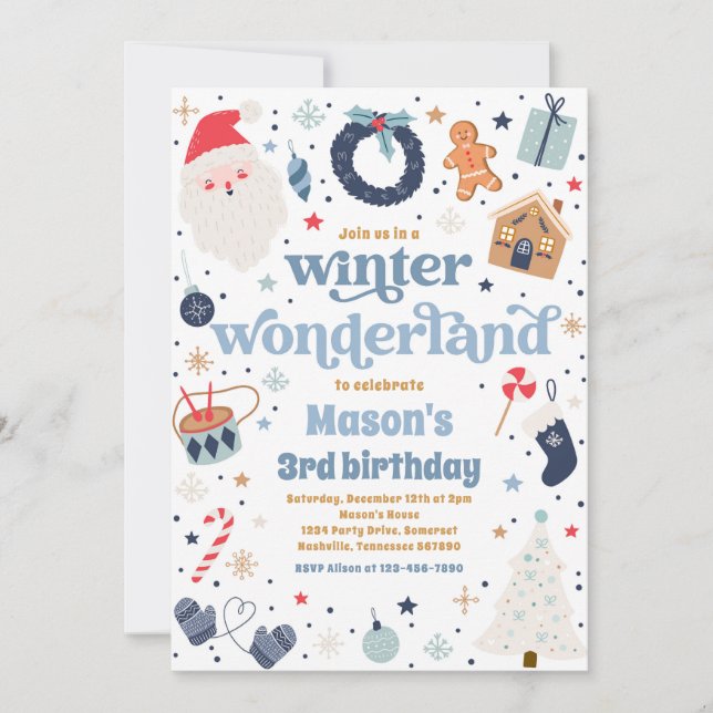 Winter Wonderland Blue Christmas Birthday Party Invitation (Front)