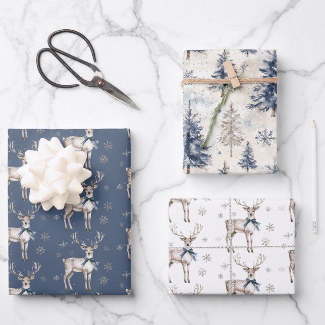 Winter Wonderland Blue Deer Snowflakes Christmas Wrapping Paper Sheet (Front)