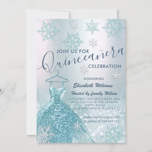 Winter wonderland blue dress glittery ombre invita invitation (Front)