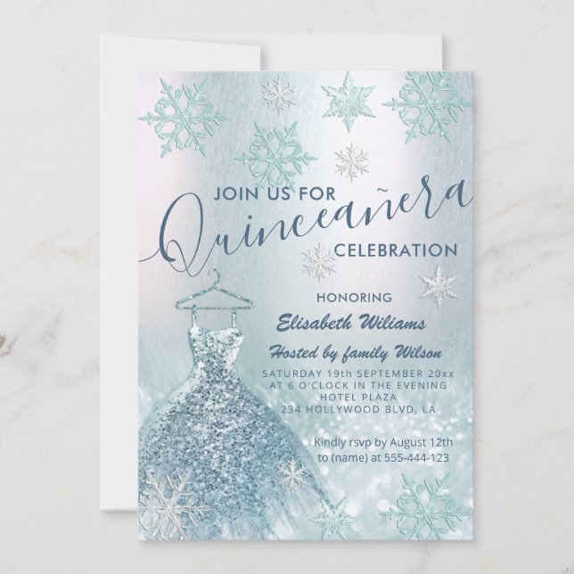 Winter wonderland blue dress glittery ombre invitation (Front)