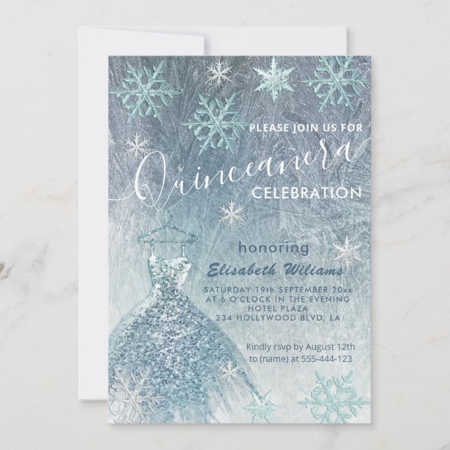 Winter wonderland blue dress glittery Quinceañera Invitation (Front)