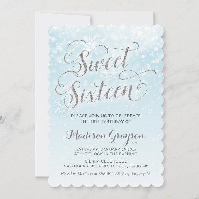 Winter Wonderland Blue Girl Sixteen 16th Birthday Invitation (Front)