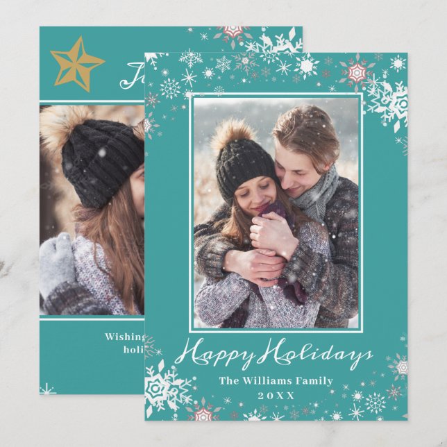 Winter Wonderland Blue Green Happy Holidays Photo Holiday Card (Front/Back)