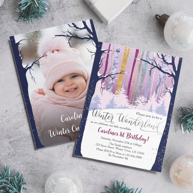 Winter Wonderland Blue Purple Silver Snow Photo  Invitation (Creator Uploaded)