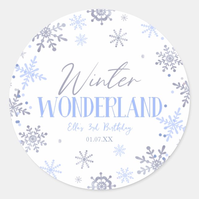 Winter Wonderland Blue Snowflake Birthday Party Classic Round Sticker (Front)