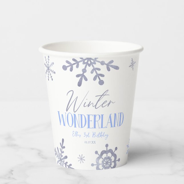 Winter Wonderland Blue Snowflake Birthday Party Paper Cups (Front)
