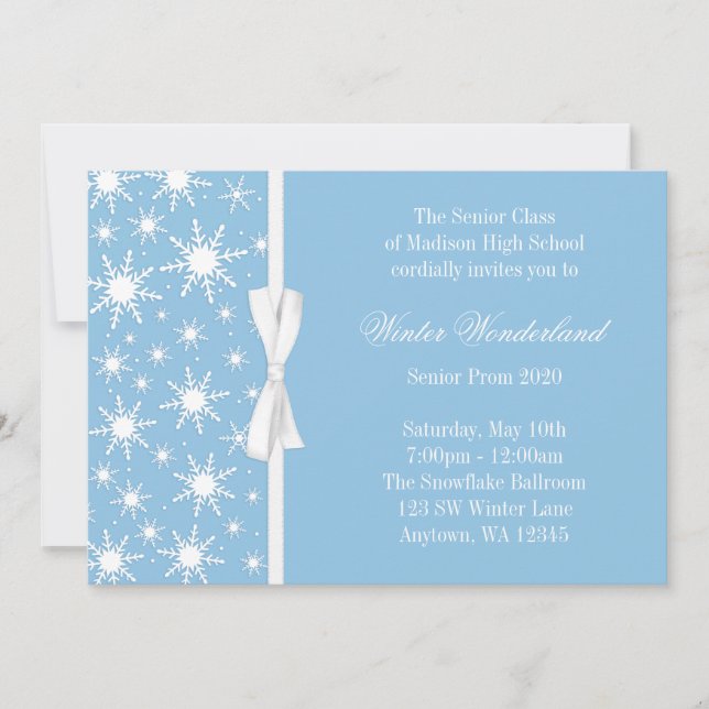 Winter Wonderland Blue Snowflakes Bow Prom Invitation (Front)