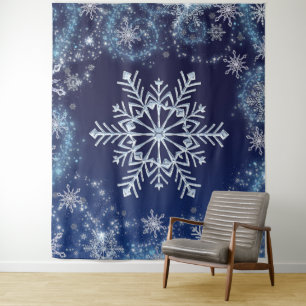 Winter Wonderland Blue Snowflakes Magic Backdrop Tapestry